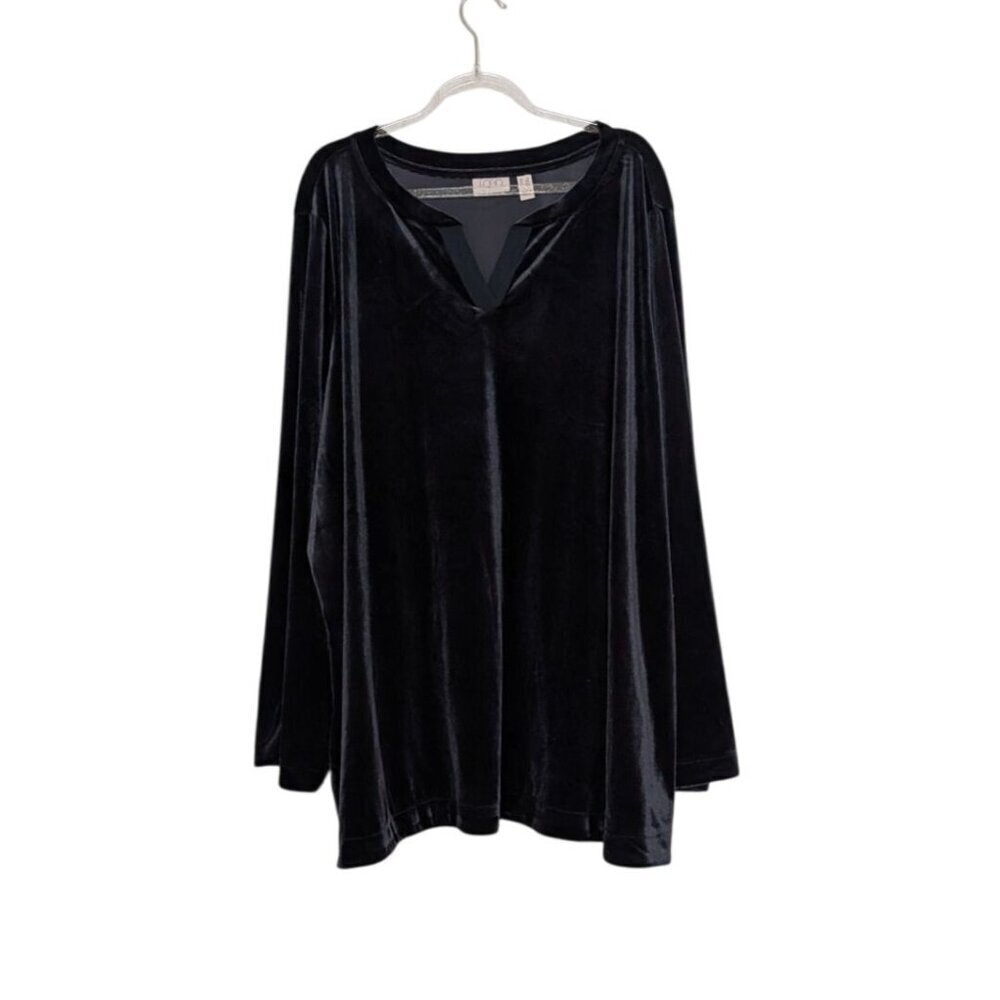 LOGO Lori Goldstein Velvet Tunic Shirt Womens Size 3X Black Split Neck Pullover - Picture 1 of 10